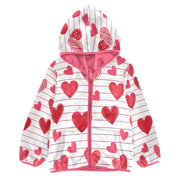 BZSMCE Double-Sided Sherpa Fleece Hooded Zipper Jacket Pink Red Heart Print Warm Outerwear