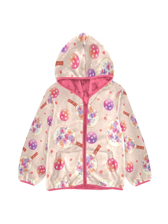BZSMCE Double-Sided Sherpa Fleece Hooded Zipper Jacket Pink Red Pickleball Paddles Flowers Print Warm Outerwear