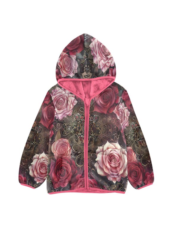 BZSMCE Double-Sided Sherpa Fleece Hooded Zipper Jacket Pink Red Pink Flower Mandala Pattern Print Warm Outerwear