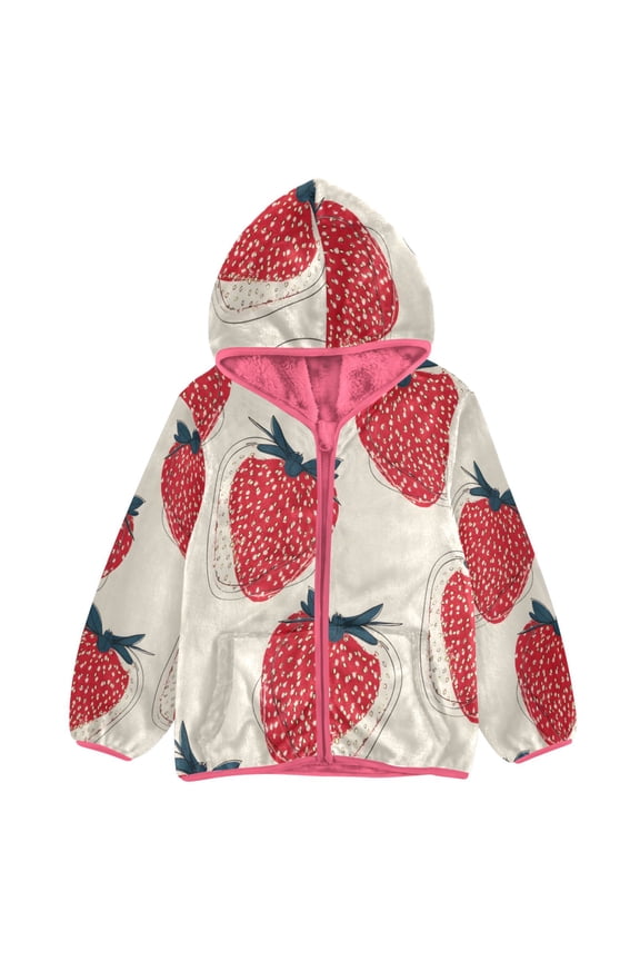 BZSMCE Double-Sided Sherpa Fleece Hooded Zipper Jacket Pink Red Strawberry Pattern Print Warm Outerwear