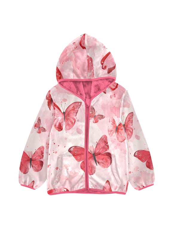 BZSMCE Double-Sided Sherpa Fleece Hooded Zipper Jacket Pink Red Watercolor Butterfly Pattern Print Warm Outerwear