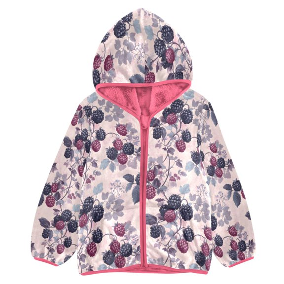 BZSMCE Double-Sided Sherpa Fleece Hooded Zipper Jacket Pink Red and Purple Mulberries Pattern Print Warm Outerwear