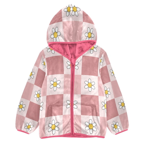 BZSMCE Double-Sided Sherpa Fleece Hooded Zipper Jacket Pink Retro Blush Checkered Daisy Print Warm Outerwear