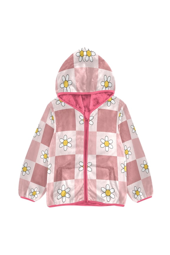 BZSMCE Double-Sided Sherpa Fleece Hooded Zipper Jacket Pink Retro Blush Checkered Daisy Print Warm Outerwear