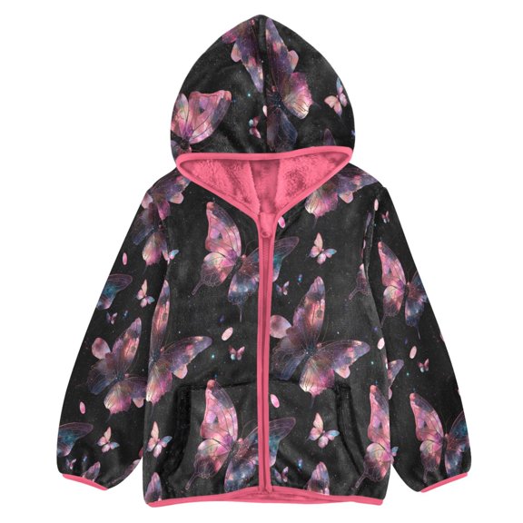 BZSMCE Double-Sided Sherpa Fleece Hooded Zipper Jacket Pink Rose Butterfly Pattern Print Warm Outerwear