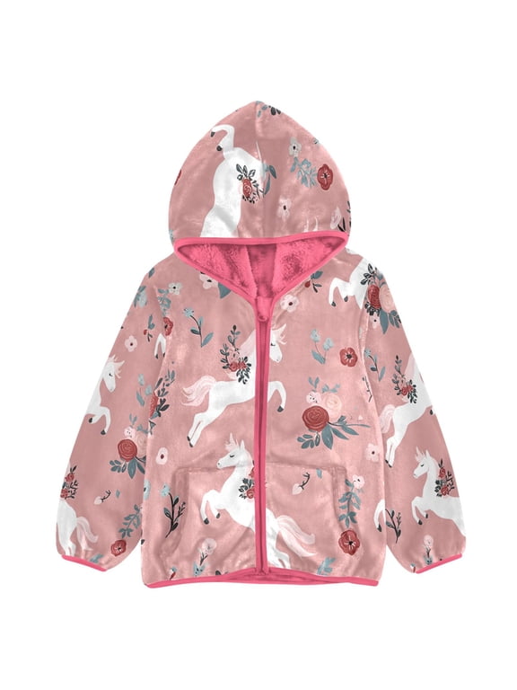 BZSMCE Double-Sided Sherpa Fleece Hooded Zipper Jacket Pink Rose Cute Horse Pattern Print Warm Outerwear