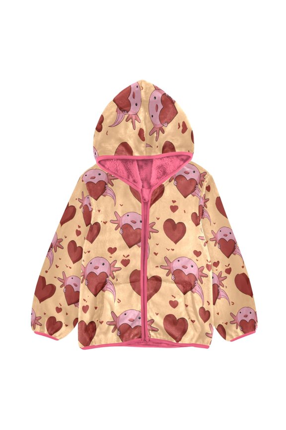 BZSMCE Double-Sided Sherpa Fleece Hooded Zipper Jacket Pink Salamander Heart Pattern Print Warm Outerwear