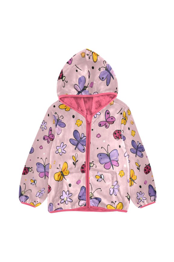 BZSMCE Double-Sided Sherpa Fleece Hooded Zipper Jacket Pink Seven Spotted Ladybug Pattern Print Warm Outerwear
