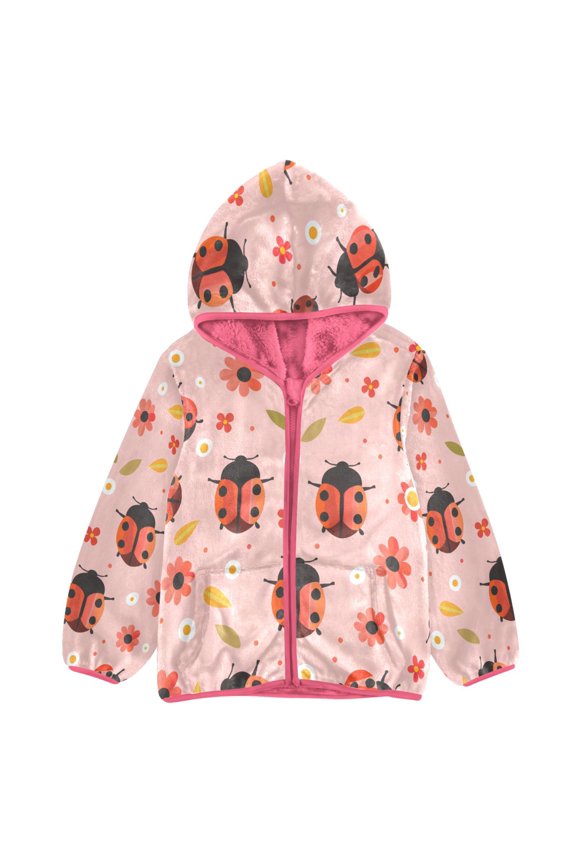 BZSMCE Double-Sided Sherpa Fleece Hooded Zipper Jacket Pink Seven-spotted Ladybug Flower Pattern Print Warm Outerwear