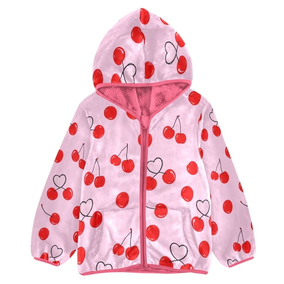 BZSMCE Double-Sided Sherpa Fleece Hooded Zipper Jacket Pink Simple Heart Shaped Cherry Print Warm Outerwear