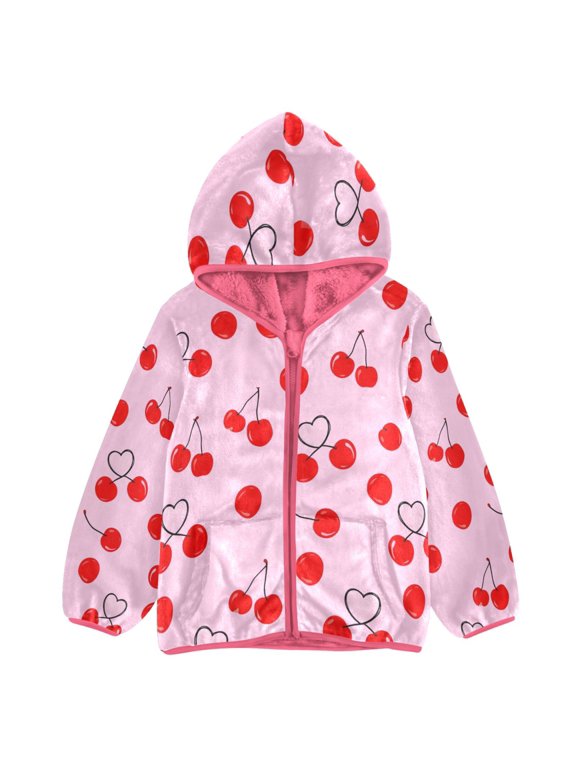 BZSMCE Double-Sided Sherpa Fleece Hooded Zipper Jacket Pink Simple Heart Shaped Cherry Print Warm Outerwear