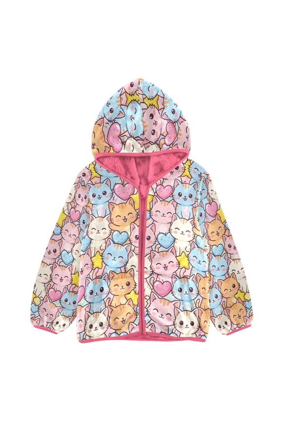 BZSMCE Double-Sided Sherpa Fleece Hooded Zipper Jacket Pink Smiling Cat Pattern Print Warm Outerwear