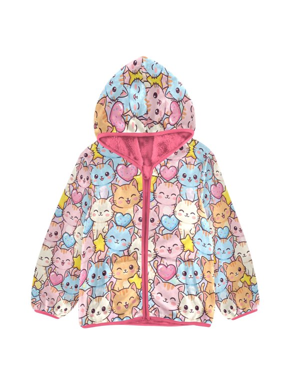 BZSMCE Double-Sided Sherpa Fleece Hooded Zipper Jacket Pink Smiling Cat Pattern Print Warm Outerwear