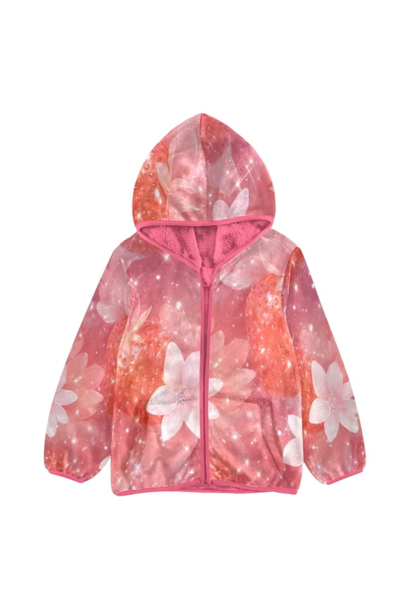 BZSMCE Double-Sided Sherpa Fleece Hooded Zipper Jacket Pink Sparkling Strawberry Blossoms Print Warm Outerwear