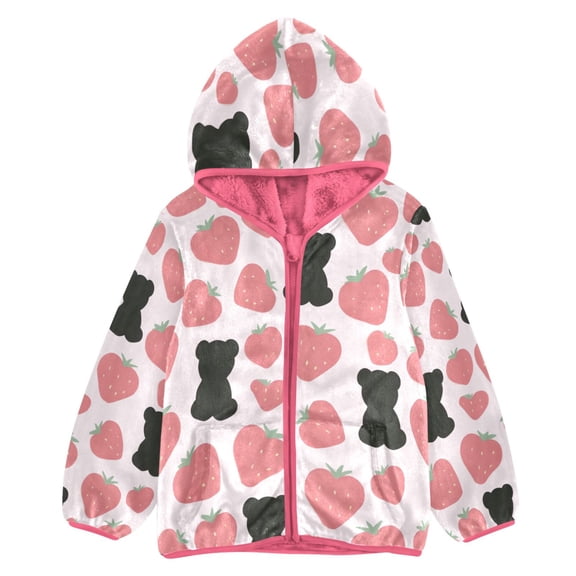 BZSMCE Double-Sided Sherpa Fleece Hooded Zipper Jacket Pink Strawberry Bear Silhouette Print Warm Outerwear