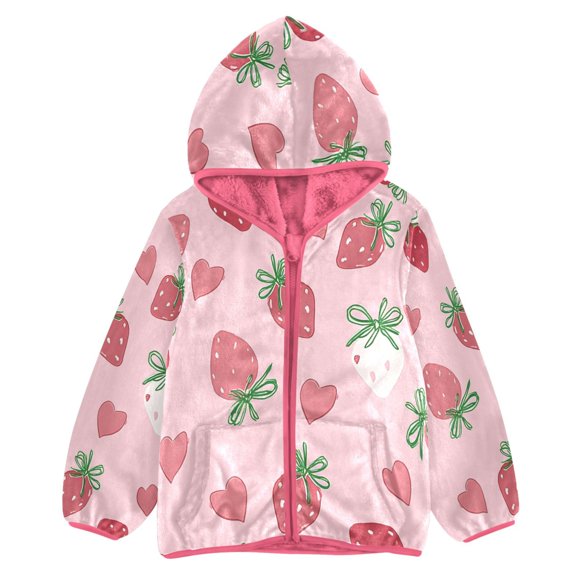 BZSMCE Double-Sided Sherpa Fleece Hooded Zipper Jacket Pink Strawberry Bow Heart Pattern Print Warm Outerwear