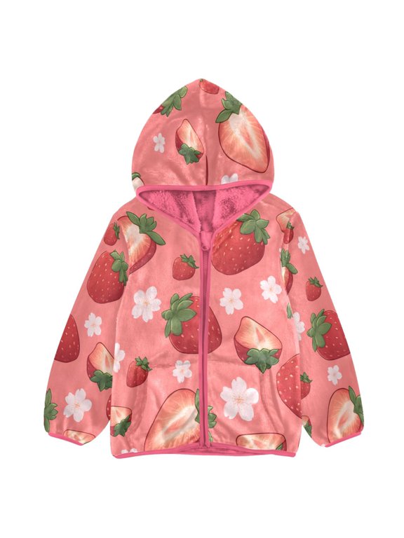 BZSMCE Double-Sided Sherpa Fleece Hooded Zipper Jacket Pink Strawberry Flower Pattern Print Warm Outerwear