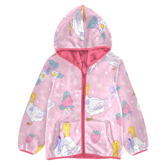 BZSMCE Double-Sided Sherpa Fleece Hooded Zipper Jacket Pink Strawberry Goose Pattern Print Warm Outerwear