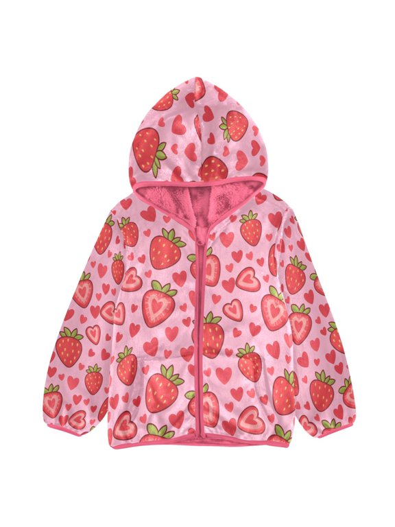 BZSMCE Double-Sided Sherpa Fleece Hooded Zipper Jacket Pink Strawberry Heart Pattern Print Warm Outerwear