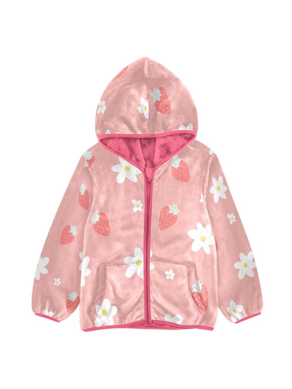 BZSMCE Double-Sided Sherpa Fleece Hooded Zipper Jacket Pink Strawberry White Flower Pattern Print Warm Outerwear