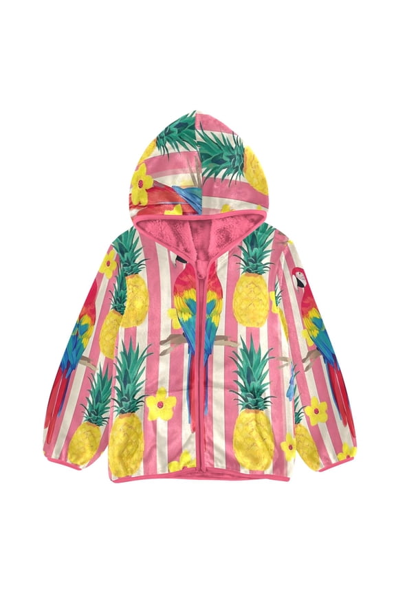 BZSMCE Double-Sided Sherpa Fleece Hooded Zipper Jacket Pink Striped Parrot Pattern Print Warm Outerwear
