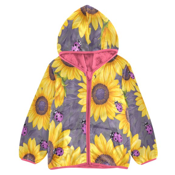 BZSMCE Double-Sided Sherpa Fleece Hooded Zipper Jacket Pink Sunflower Seven Star Ladybug Pattern Print Warm Outerwear