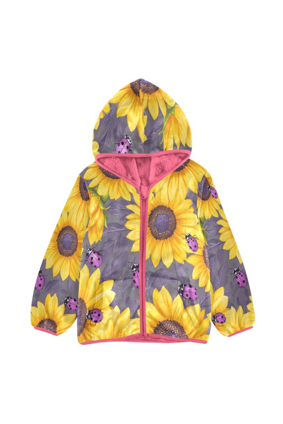 BZSMCE Double-Sided Sherpa Fleece Hooded Zipper Jacket Pink Sunflower Seven Star Ladybug Pattern Print Warm Outerwear
