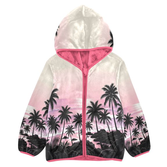 BZSMCE Double-Sided Sherpa Fleece Hooded Zipper Jacket Pink Sunset Breeze Print Warm Outerwear