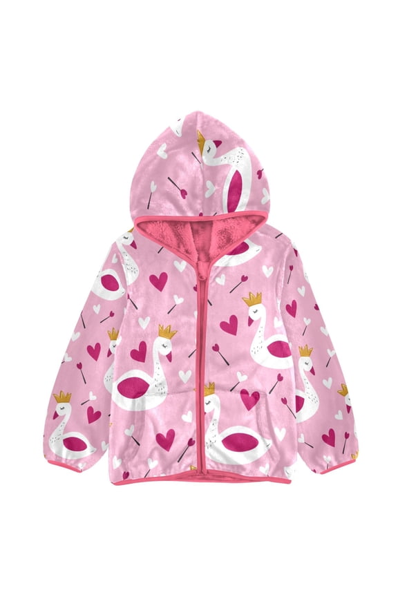 BZSMCE Double-Sided Sherpa Fleece Hooded Zipper Jacket Pink Swan Crown Heart Print Warm Outerwear