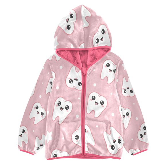 BZSMCE Double-Sided Sherpa Fleece Hooded Zipper Jacket Pink Teeth Glitter Stars Print Warm Outerwear