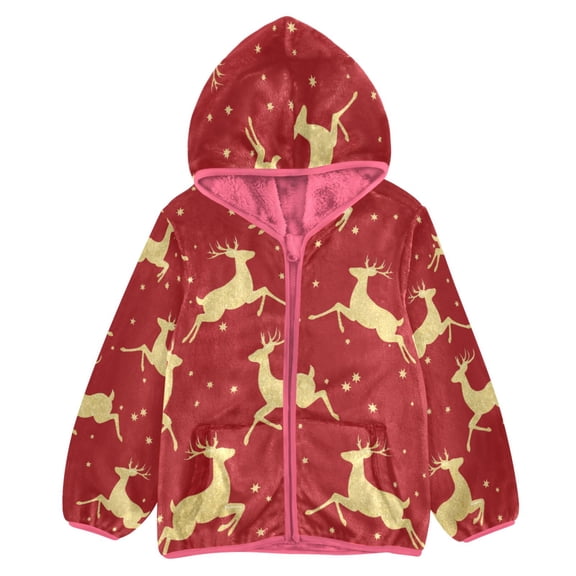 BZSMCE Double-Sided Sherpa Fleece Hooded Zipper Jacket Pink The Golden Elk Jumps Merrily Pattern Print Warm Outerwear