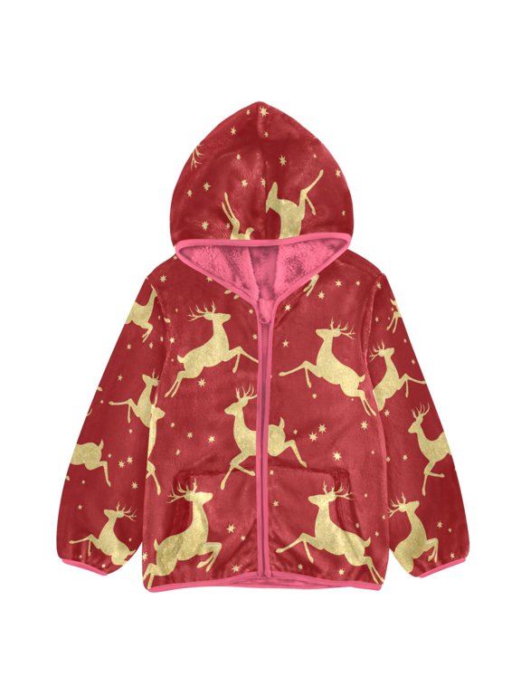 BZSMCE Double-Sided Sherpa Fleece Hooded Zipper Jacket Pink The Golden Elk Jumps Merrily Pattern Print Warm Outerwear