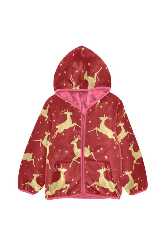 BZSMCE Double-Sided Sherpa Fleece Hooded Zipper Jacket Pink The Golden Elk Jumps Merrily Pattern Print Warm Outerwear