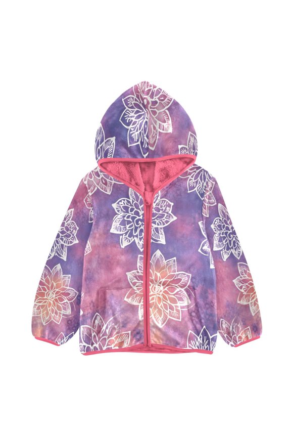 BZSMCE Double-Sided Sherpa Fleece Hooded Zipper Jacket Pink Tie Dye Background White Line Drawing Mandala Pattern Print Warm Outerwear