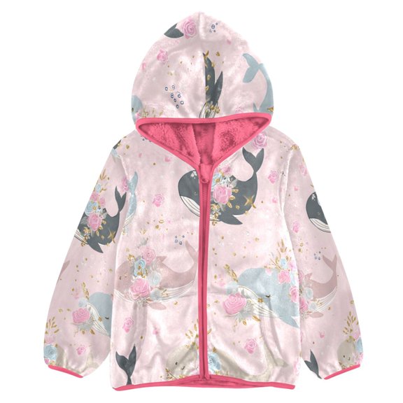BZSMCE Double-Sided Sherpa Fleece Hooded Zipper Jacket Pink Tiger Whale Rose Pattern Print Warm Outerwear