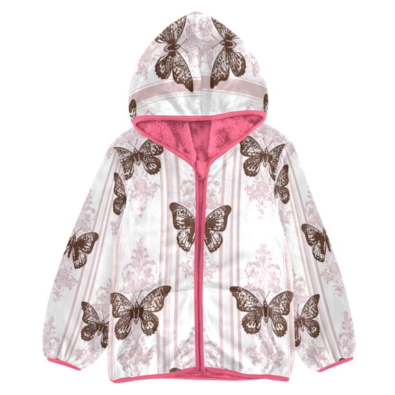 BZSMCE Double-Sided Sherpa Fleece Hooded Zipper Jacket Pink Vintage Butterfly Print Warm Outerwear