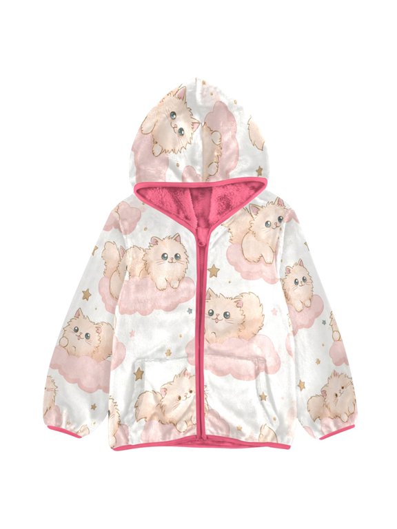 BZSMCE Double-Sided Sherpa Fleece Hooded Zipper Jacket Pink Whiskers in The Clouds Print Warm Outerwear