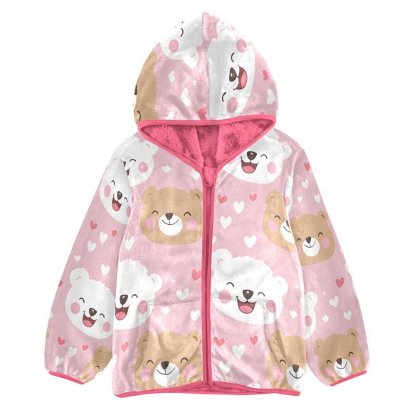 BZSMCE Double-Sided Sherpa Fleece Hooded Zipper Jacket Pink White Bear Brown Pattern Print Warm Outerwear