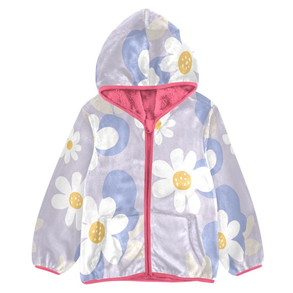 BZSMCE Double-Sided Sherpa Fleece Hooded Zipper Jacket Pink White Flower Pattern Print Warm Outerwear