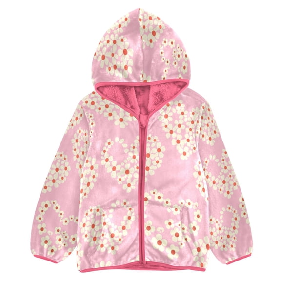 BZSMCE Double-Sided Sherpa Fleece Hooded Zipper Jacket Pink White Flowers Hearts Print Warm Outerwear