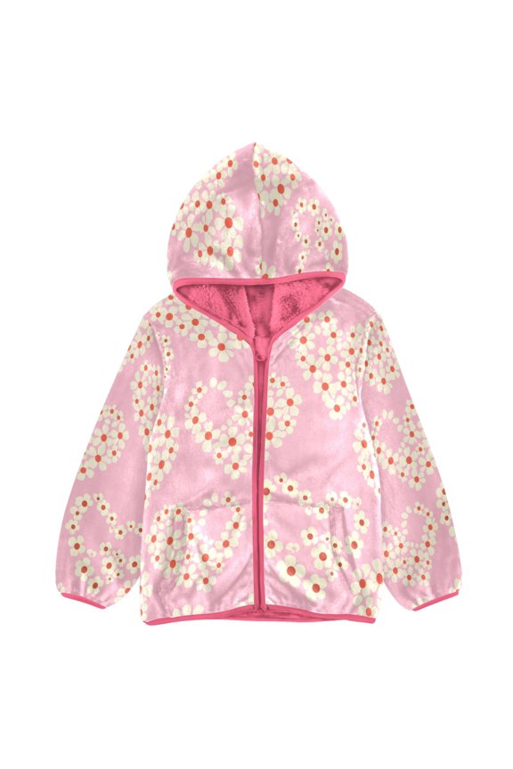 BZSMCE Double-Sided Sherpa Fleece Hooded Zipper Jacket Pink White Flowers Hearts Print Warm Outerwear