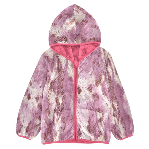 BZSMCE Double-Sided Sherpa Fleece Hooded Zipper Jacket Pink White Pink Snake Skin Pattern Print Warm Outerwear