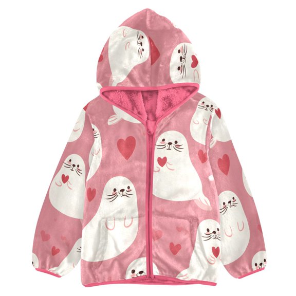 BZSMCE Double-Sided Sherpa Fleece Hooded Zipper Jacket Pink White Seal Heart Pattern Print Warm Outerwear