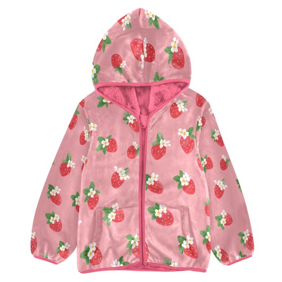 BZSMCE Double-Sided Sherpa Fleece Hooded Zipper Jacket Pink White Strawberry Flower Pattern Print Warm Outerwear