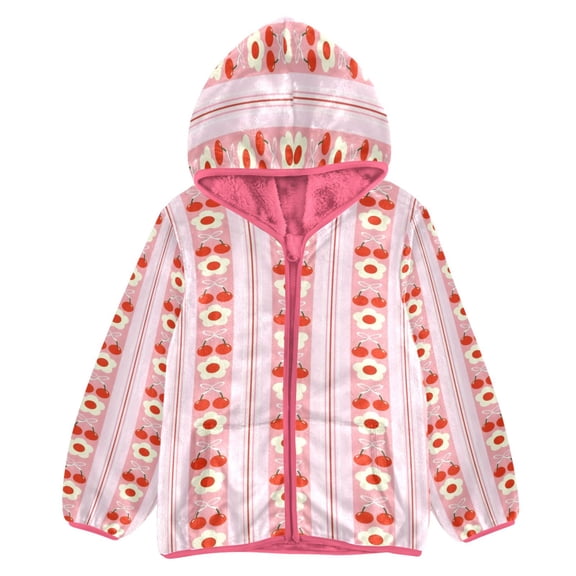 BZSMCE Double-Sided Sherpa Fleece Hooded Zipper Jacket Pink White Stripe Daisy Print Warm Outerwear