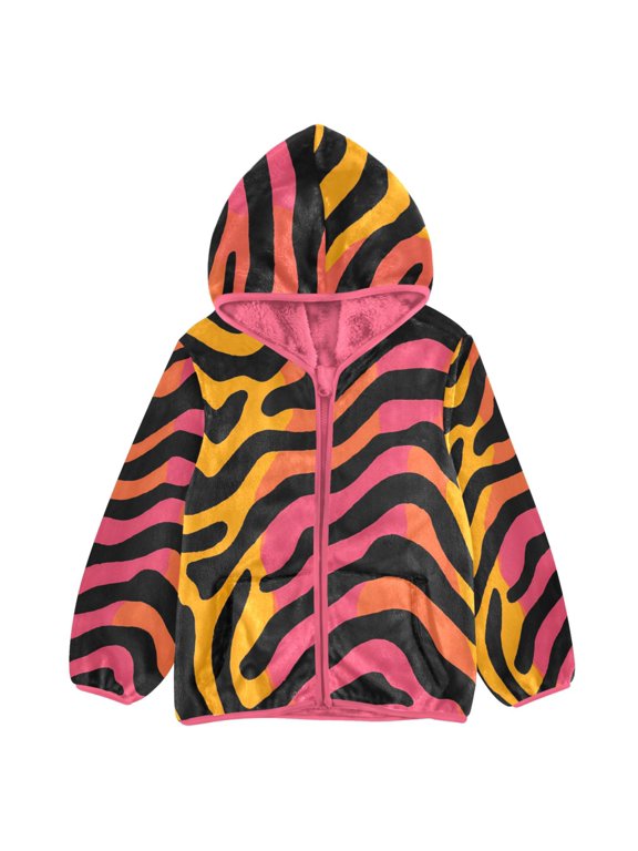 BZSMCE Double-Sided Sherpa Fleece Hooded Zipper Jacket Pink Yellow Orange Tiger Stripes Pattern Print Warm Outerwear