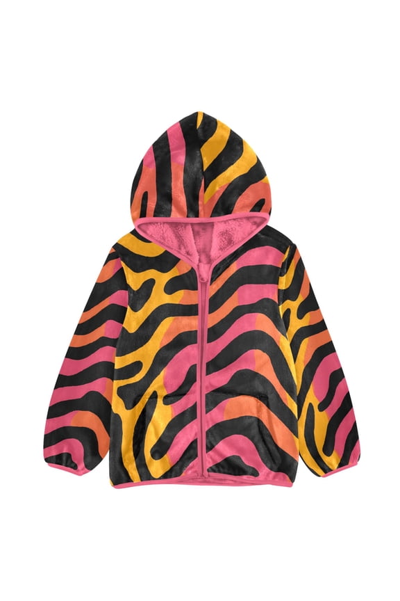 BZSMCE Double-Sided Sherpa Fleece Hooded Zipper Jacket Pink Yellow Orange Tiger Stripes Pattern Print Warm Outerwear