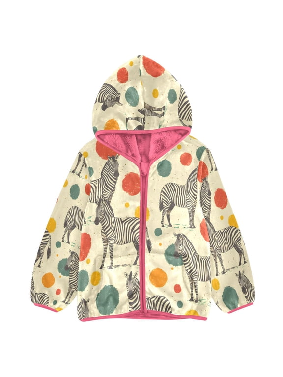 BZSMCE Double-Sided Sherpa Fleece Hooded Zipper Jacket Pink Zebra Polka Dot Pattern Print Warm Outerwear