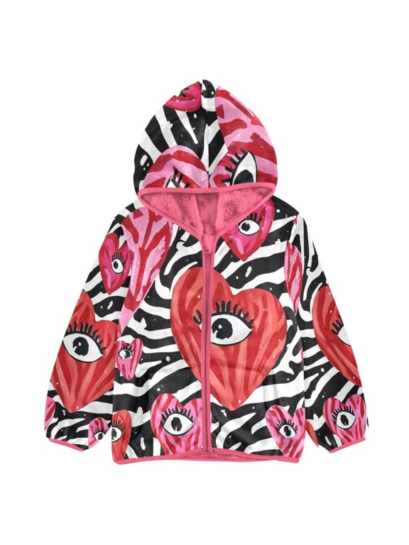 BZSMCE Double-Sided Sherpa Fleece Hooded Zipper Jacket Pink Zebra Stripes Love Eye Pattern Print Warm Outerwear