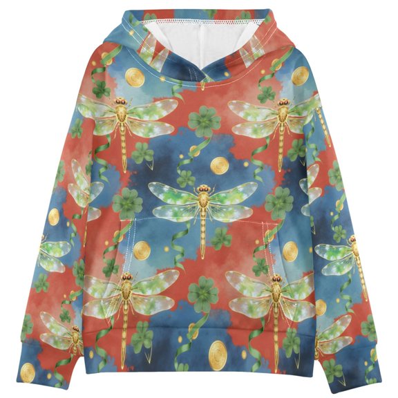 BZSMCE Dragonfly Clover Pattern Print Hoodie Casual Pullover Sweatshirt With Kangaroo Pocket